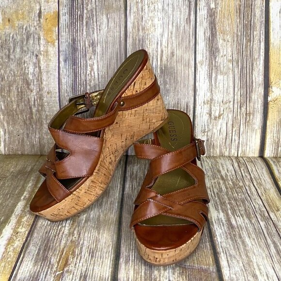 GUESS Tan Vegan Leather Cork Wedge Platform Heel Womens size 8.5 M - Picture 1 of 7